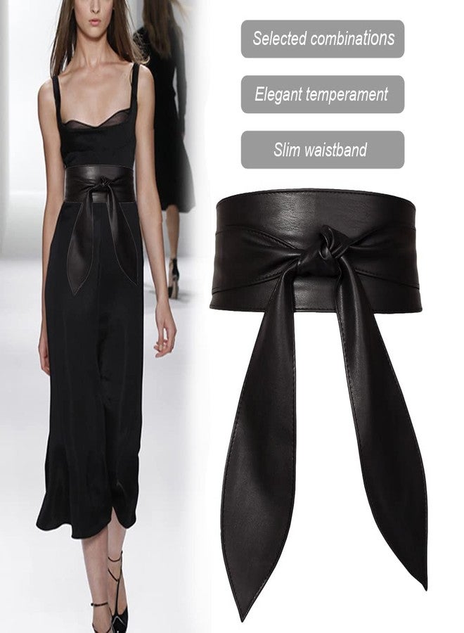 Weenkeey Women Obi Belt Bow Tie Wrap Wide Waistband Faux Leather Wide Cinch Belt for Dresses - Black - Image 2